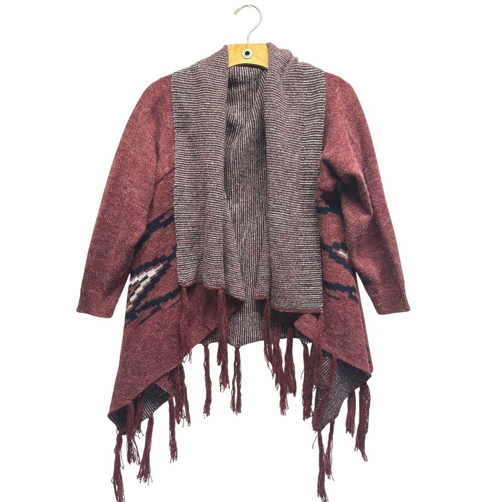 Boho Fringe Open Front Cardigan Sweater Maroon‎ Aztec Shawl Collar Cozy